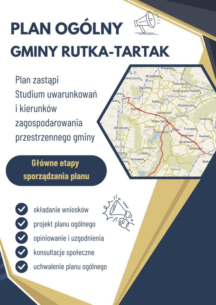 Plakat Plan ogólny Gminy Rutka-Tartak, z informacją: Plan zastąpi Studium uwarunkowań i kierunków zagospodarowania przestrzennego gminy. Główne etapy sporządzania planu: składanie wniosków, projekt planu ogólnego, opiniowanie i uzgodnienia, konsultacje społeczne, uchwalenie planu ogólnego.